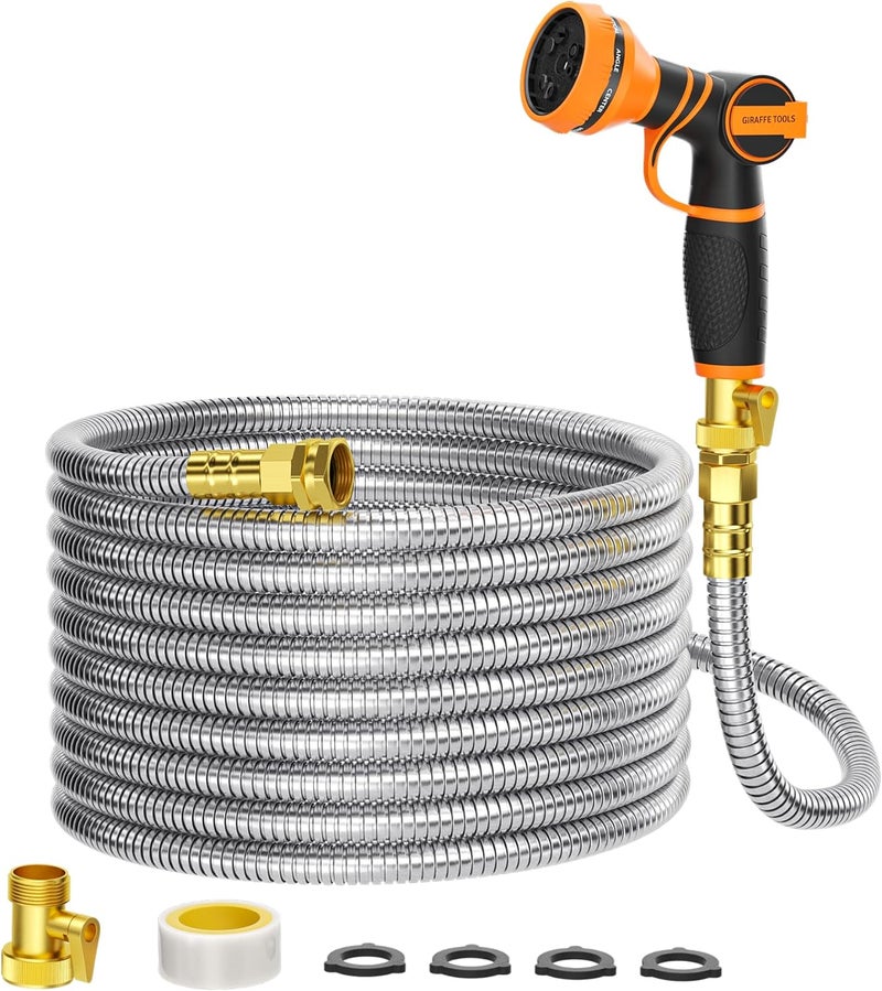 Giraffe Tools خرطوم حديقة جيراف 75 قدم × 5/8 بوصة، خرطوم ماء معدني من الفولاذ المقاوم للصدأ 304، خرطوم ماء حديقة بدون تشابك مع فوهة رش بـ 9 أنماط، خرطوم مرن وخفيف الوزن، خرطوم خالي من التشابك للحديقة، في الهواء الطلق - Image 1
